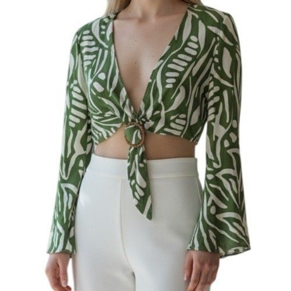HOUSE OF HARLOW‎ 1960 Green Abstract Leaf Front Tie Ring Crop NWT Size XXS